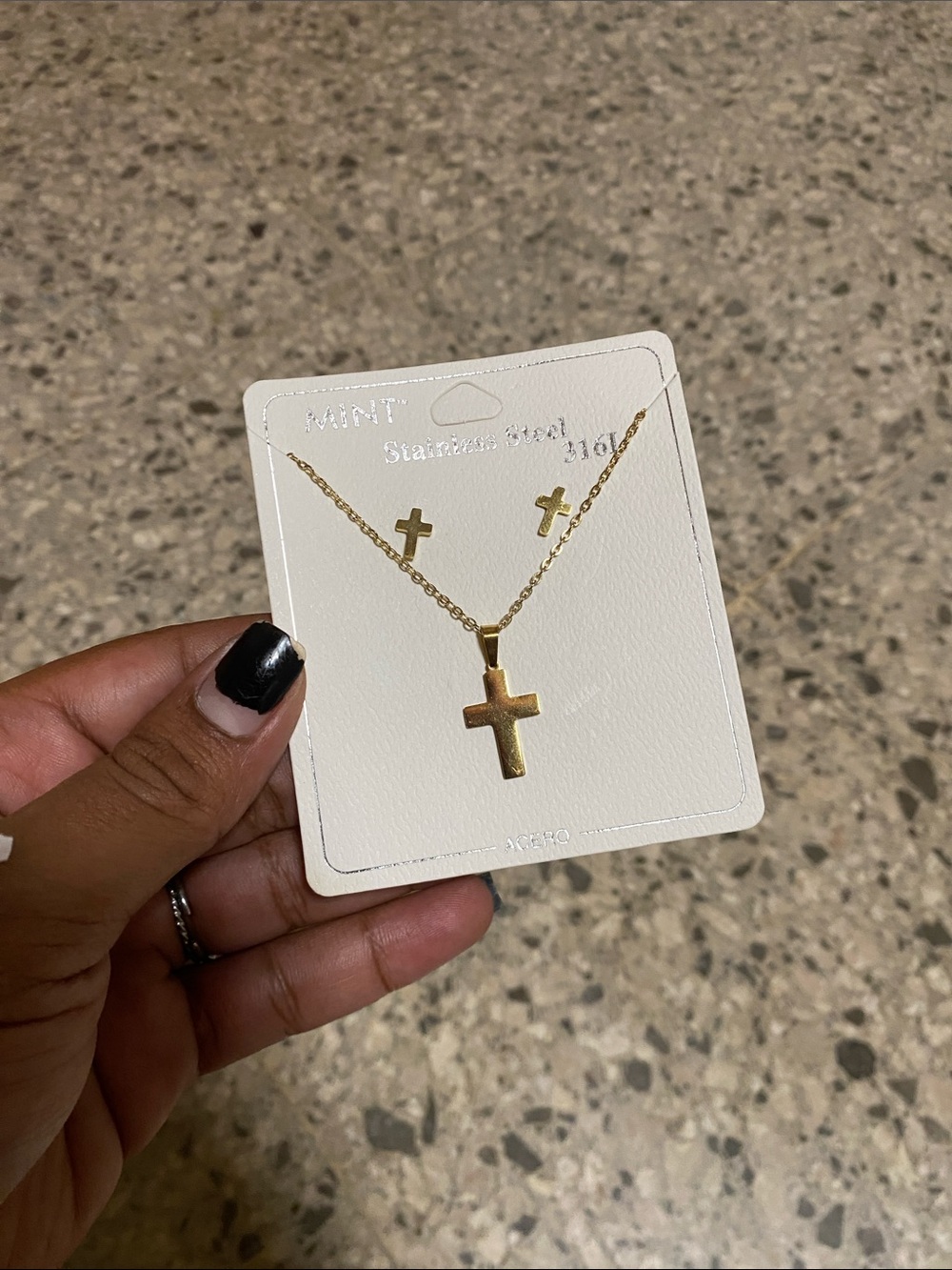 Mint Gold Cross Necklace and Stud Earring Set